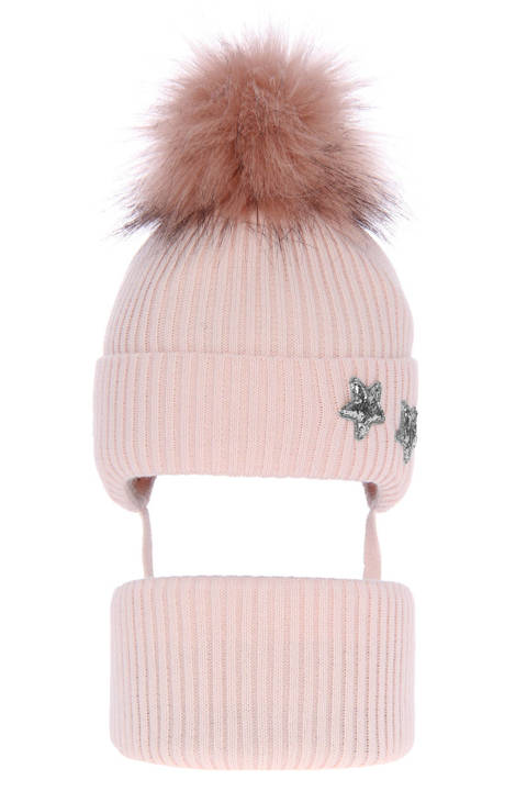 Girl's winter set: hat and tube scarf pink Delicja with pompom 