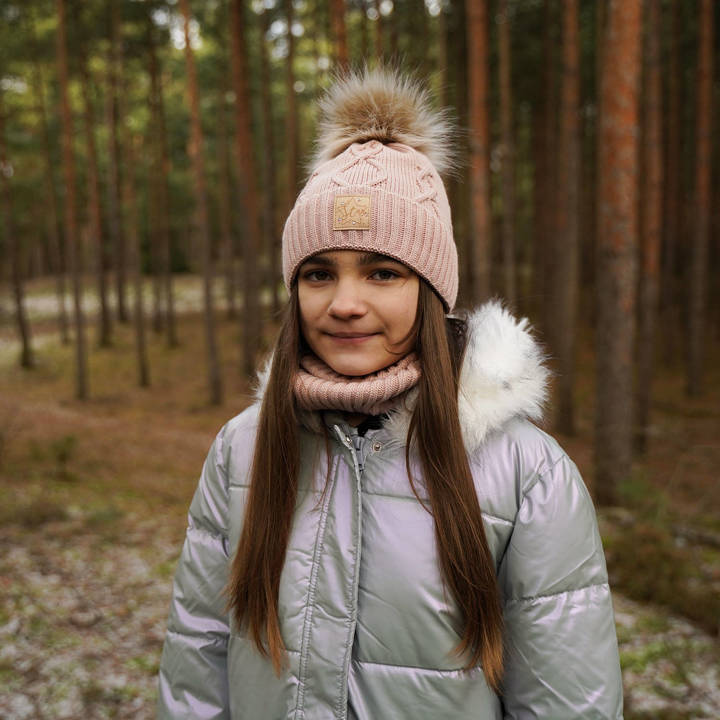 Girl's winter set: hat and tube scarf pink Dina with pompom