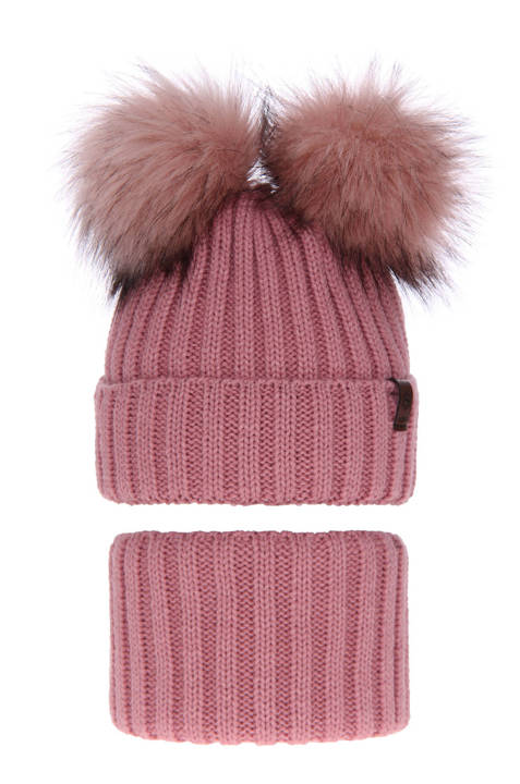 Girl's winter set: hat and tube scarf pink Donata with two pompom