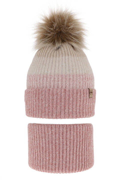 Girl's winter set: hat and tube scarf pink Gimena with pompom