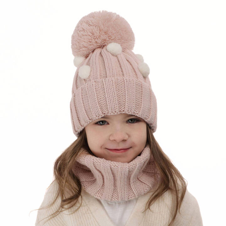 Girl's winter set: hat and tube scarf pink Hekate with pompom