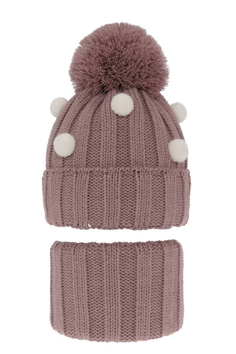 Girl's winter set: hat and tube scarf pink Hekate with pompom