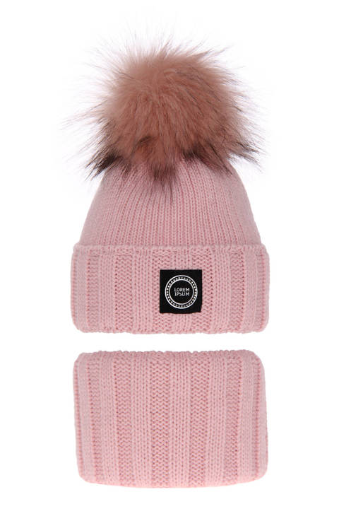 Girl's winter set: hat and tube scarf pink Hendi with pompom