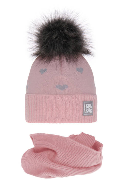 Girl's winter set: hat and tube scarf pink Jasmin with pompom