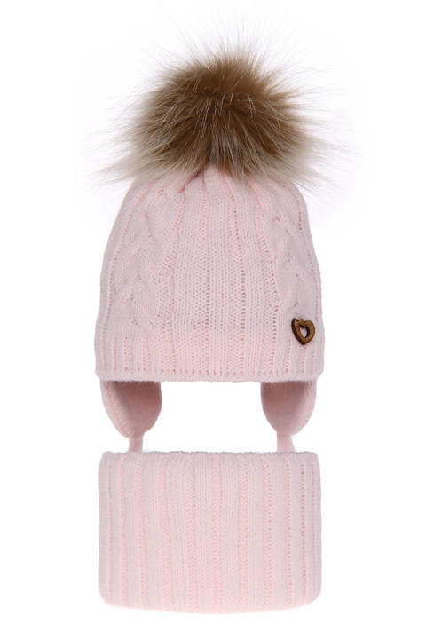 Girl's winter set: hat and tube scarf pink Kardia with pompom