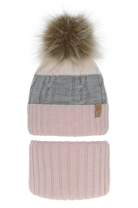 Girl's winter set: hat and tube scarf pink Karmelita with pompom