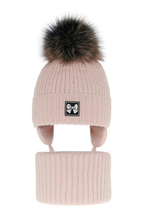 Girl's winter set: hat and tube scarf pink Kinia with pompom