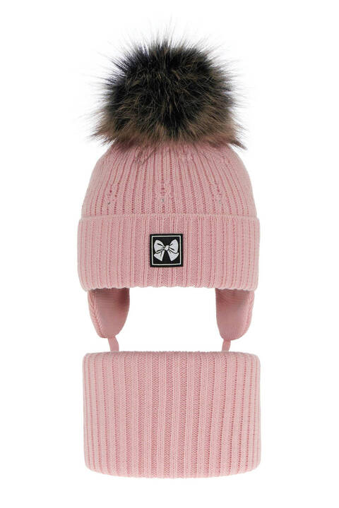 Girl's winter set: hat and tube scarf pink Kinia with pompom