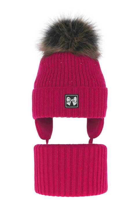 Girl's winter set: hat and tube scarf pink Kinia with pompom