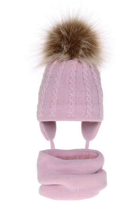 Girl's winter set: hat and tube scarf pink Klementin with pompom