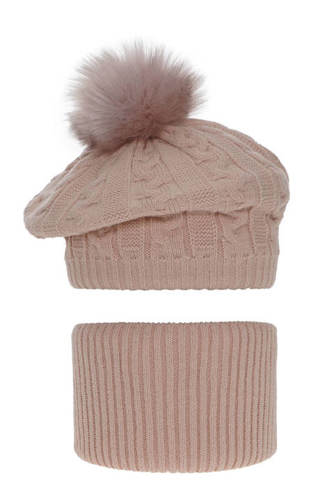 Girl's winter set: hat and tube scarf pink Koffi with pompom