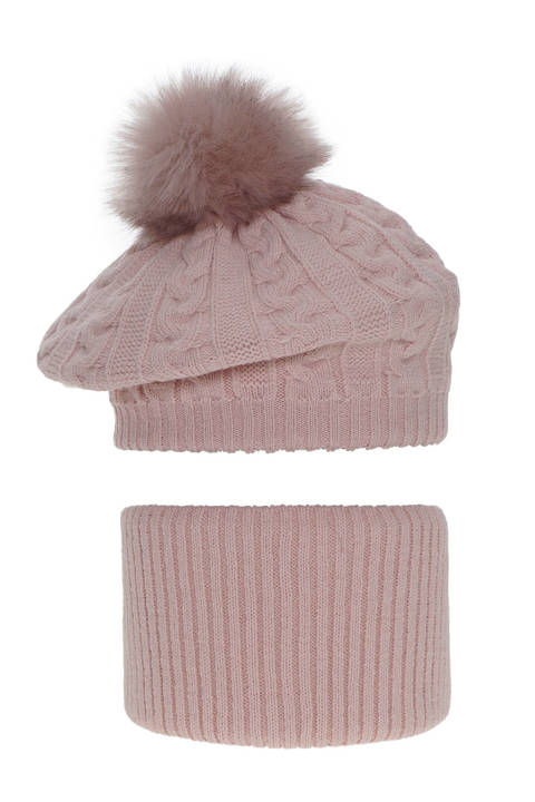 Girl's winter set: hat and tube scarf pink Koffi with pompom