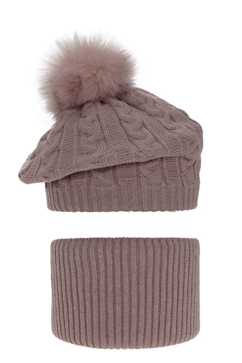 Girl's winter set: hat and tube scarf pink Koffi with pompom