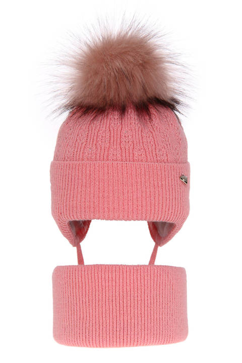 Girl's winter set: hat and tube scarf pink Kornela with pompom