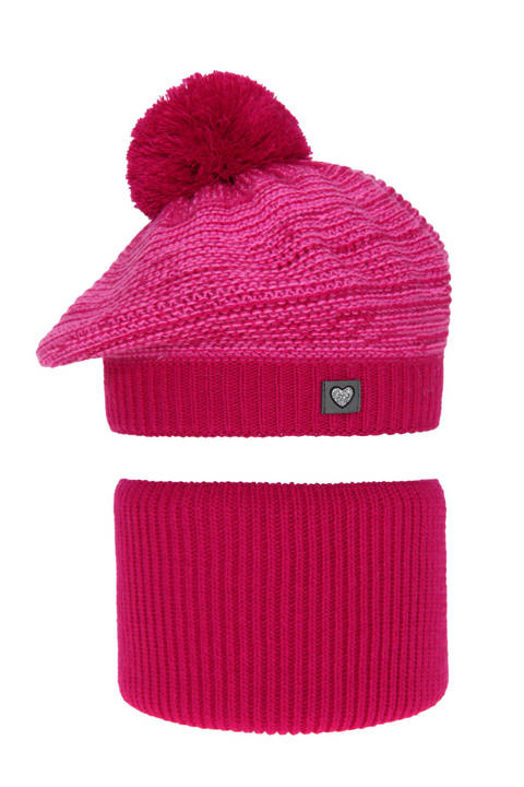 Girl's winter set: hat and tube scarf pink Lira with pompom