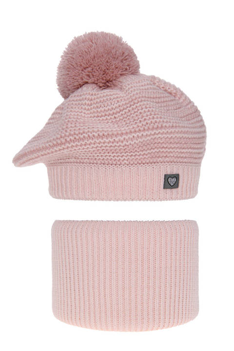 Girl's winter set: hat and tube scarf pink Lira with pompom