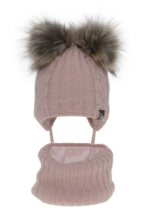 Girl's winter set: hat and tube scarf pink Marlen with two pompom