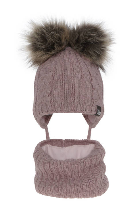 Girl's winter set: hat and tube scarf pink Marlen with two pompom