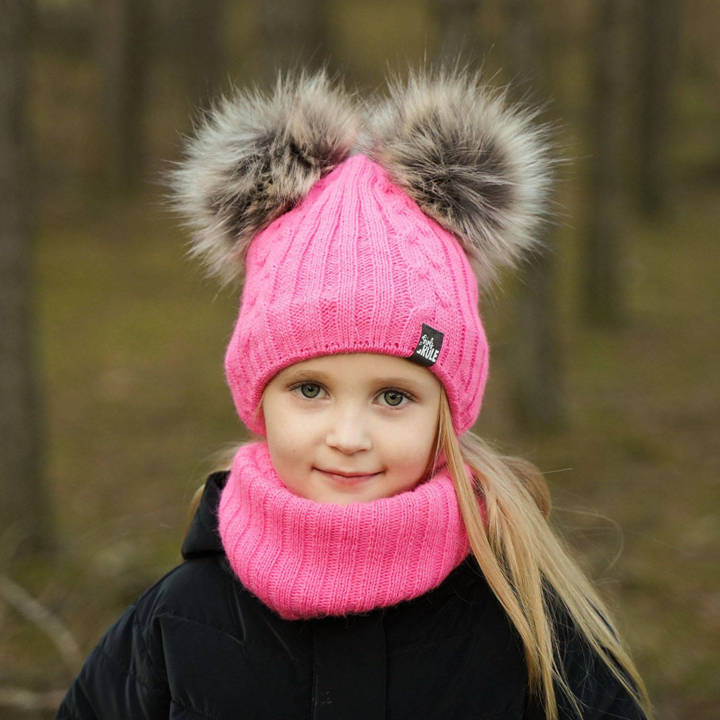 Girl's winter set: hat and tube scarf pink Marlen with two pompom