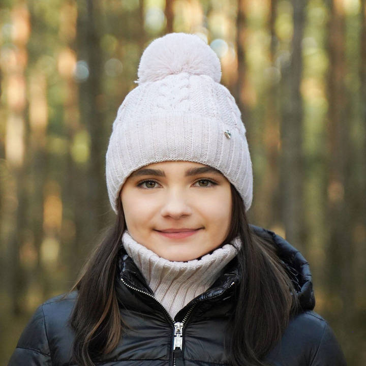 Girl's winter set: hat and tube scarf pink Maroko with pompom