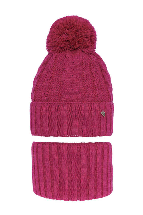 Girl's winter set: hat and tube scarf pink Maroko with pompom