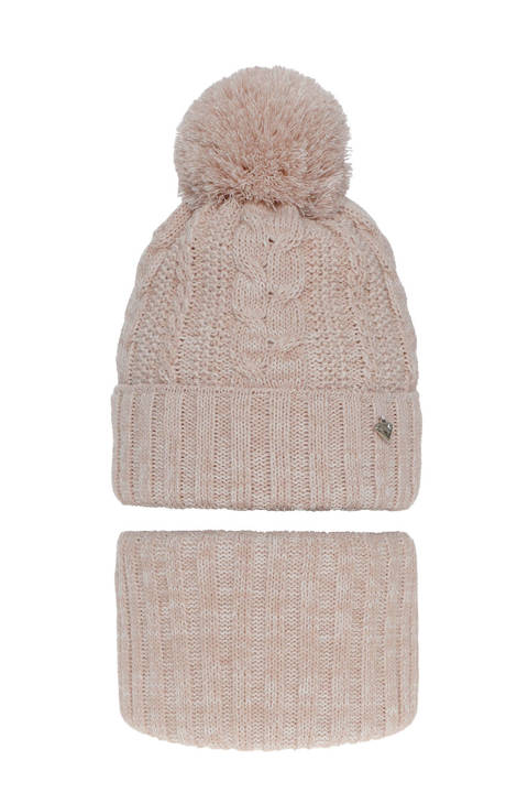 Girl's winter set: hat and tube scarf pink Maroko with pompom