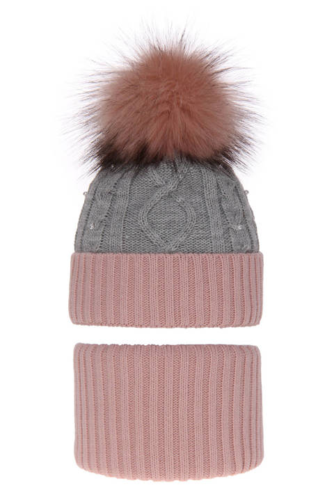 Girl's winter set: hat and tube scarf pink Medison with pompom