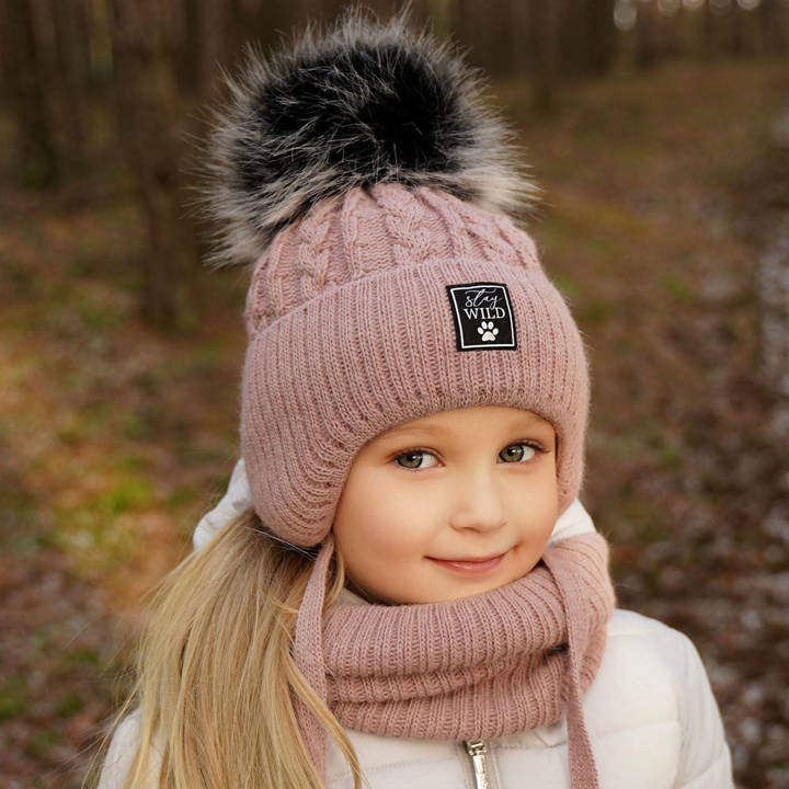 Girl's winter set: hat and tube scarf pink Melodia with pompom