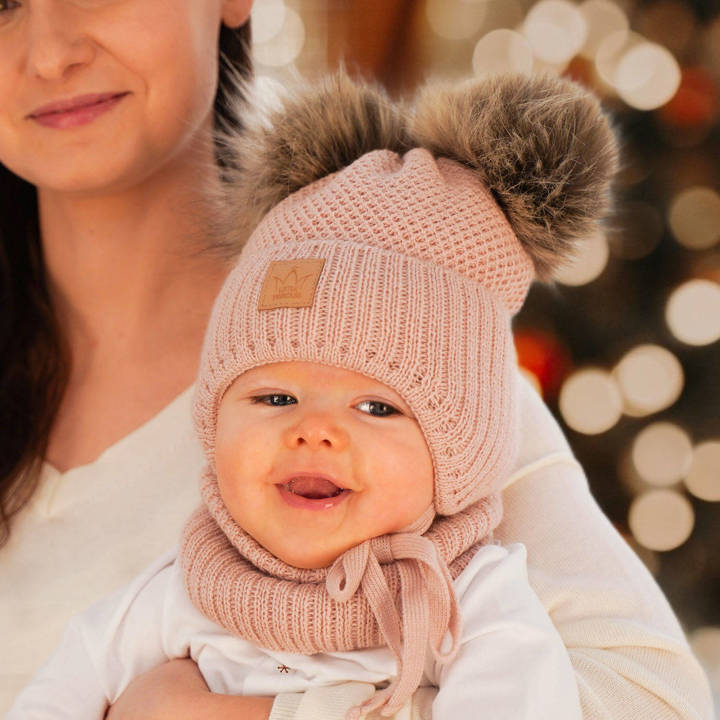 Girl's winter set: hat and tube scarf pink Minsi with two pompom