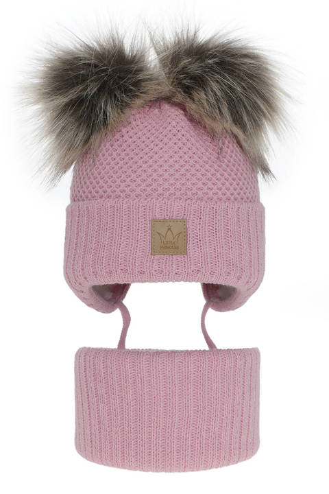 Girl's winter set: hat and tube scarf pink Minsi with two pompom