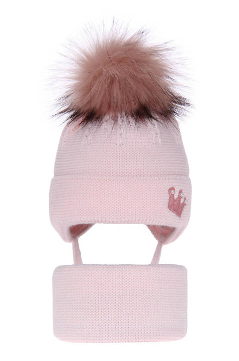 Girl's winter set: hat and tube scarf pink Narnia with pompom