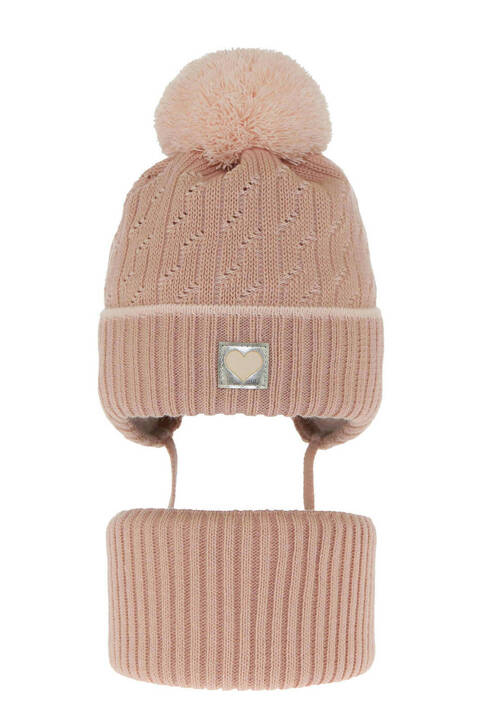 Girl's winter set: hat and tube scarf pink Natka with pompom