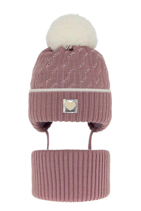 Girl's winter set: hat and tube scarf pink Natka with pompom