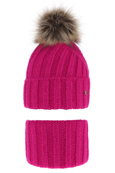 Girl's winter set: hat and tube scarf pink Polaris with pompom