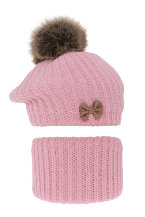 Girl's winter set: hat and tube scarf pink Polinezja with pompom