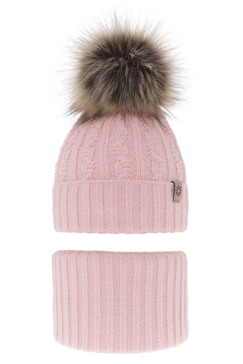 Girl's winter set: hat and tube scarf pink Pretoria with pompom