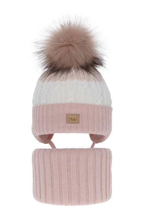 Girl's winter set: hat and tube scarf pink Riviera with pompom