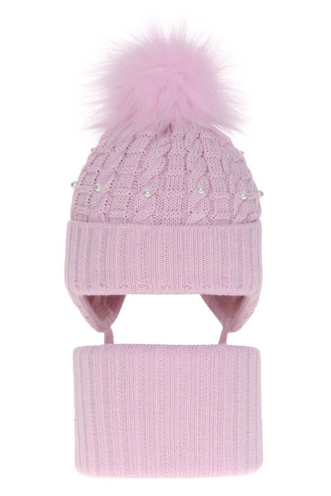 Girl's winter set: hat and tube scarf pink Safona with pompom