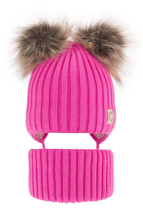 Girl's winter set: hat and tube scarf pink Telisa with two pompom