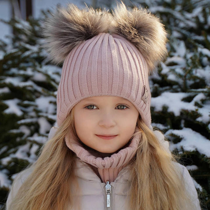 Girl's winter set: hat and tube scarf pink Telisa with two pompom