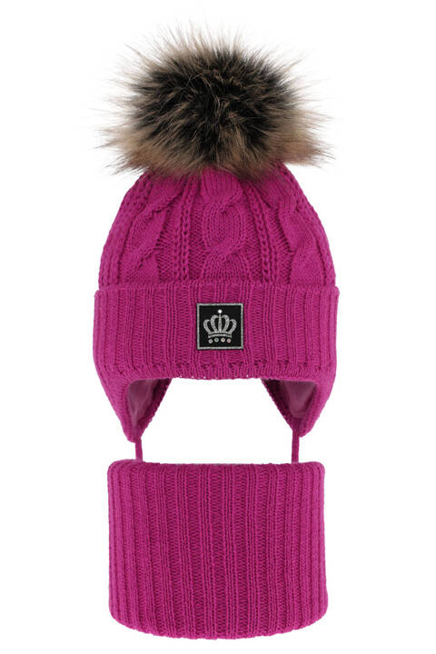 Girl's winter set: hat and tube scarf pink Tigra with pompom