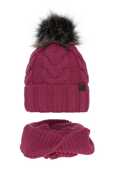 Girl's winter set: hat and tube scarf pink Torina with pompom