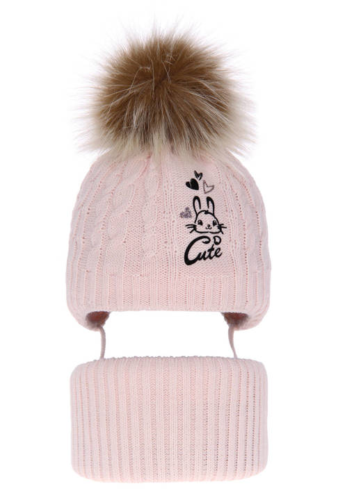 Girl's winter set: hat and tube scarf pink Treccia with pompom