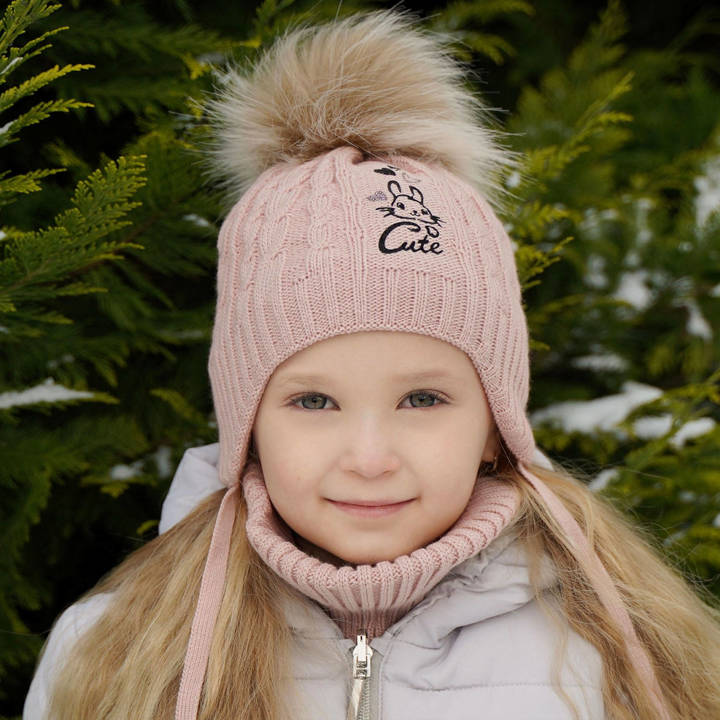 Girl's winter set: hat and tube scarf pink Treccia with pompom