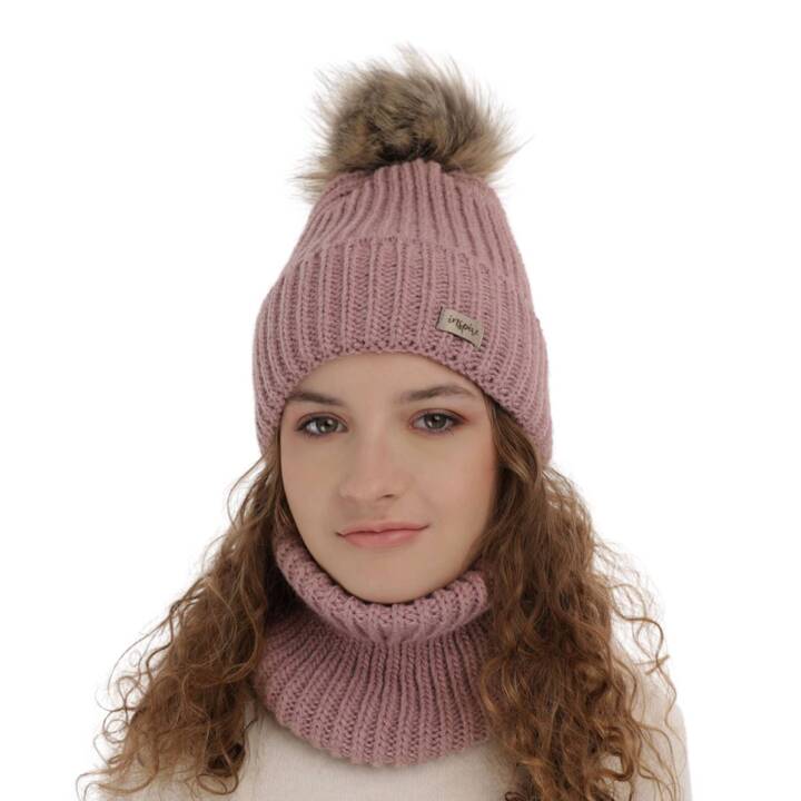 Girl's winter set: hat and tube scarf pink Willow with pompom