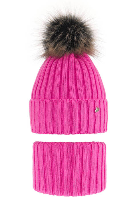 Girl's winter set: hat and tube scarf pink Wilma with pompom