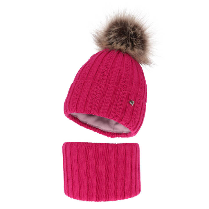 Girl's winter set: hat and tube scarf pink Wirginia with pompom