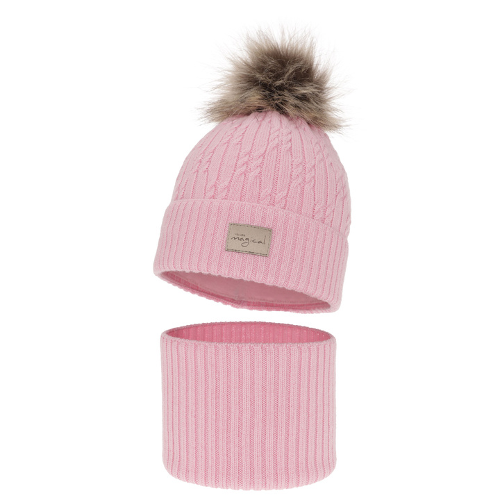 Girl's winter set: hat and tube scarf pink made of 100% extra fine merino wool Berna