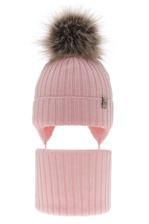 Girl's winter set: hat and tube scarf pink made of 100% extra fine merino wool Junika