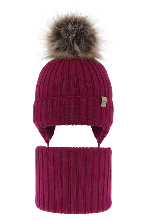 Girl's winter set: hat and tube scarf pink made of 100% extra fine merino wool Junika